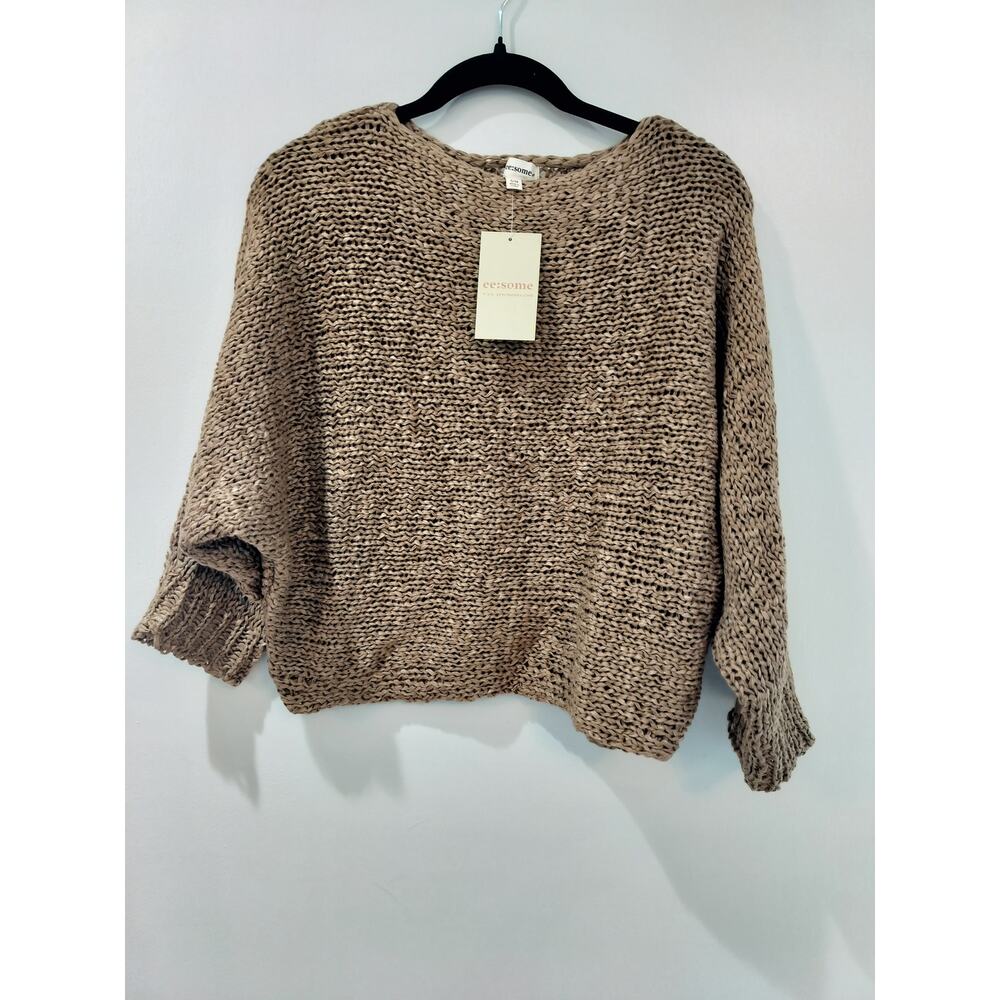Brown Cropped Sweater Loose Knit Oversized Drop Shoulder Womens S/M